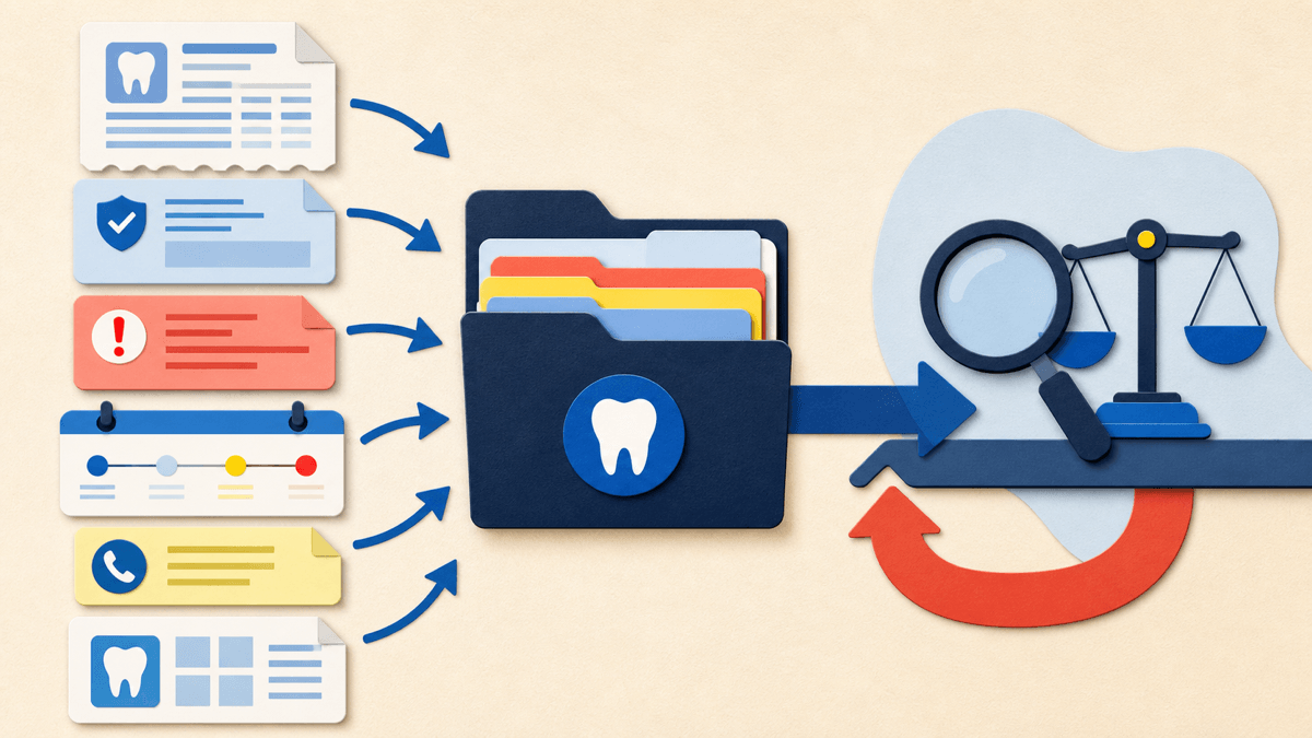 Mapa de documentos para una apelación o problema de facturación dental de Medicaid, con avisos, registros, fechas, llamadas e información del tratamiento