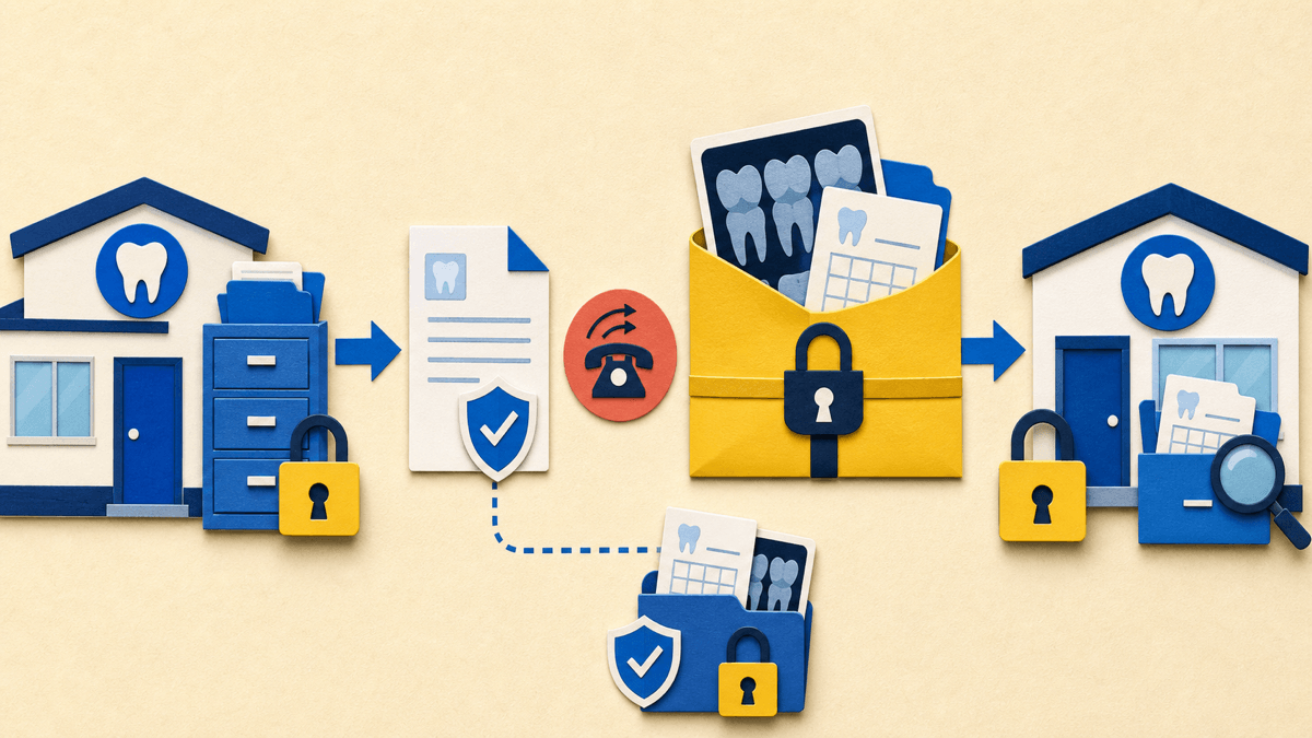 Secure dental-record and X-ray transfer workflow from a previous dental office to a new provider with authorization and confirmation steps