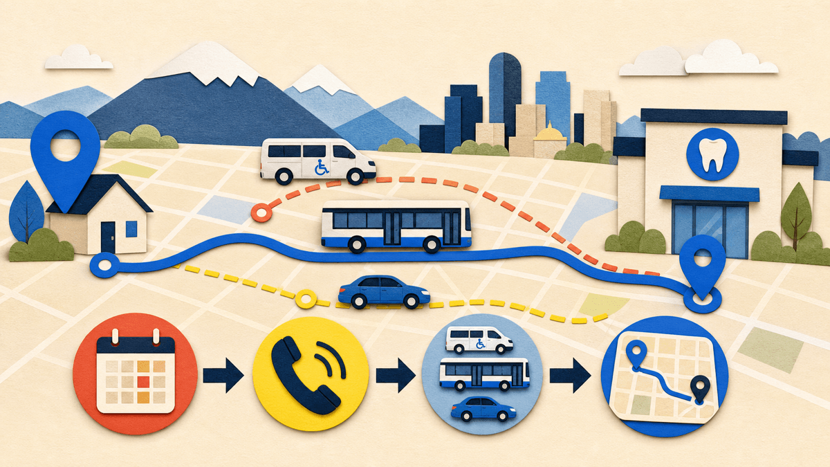 Mapa de planificación de transporte dental en Denver que compara viaje personal, transporte público y transporte médico no urgente accesible