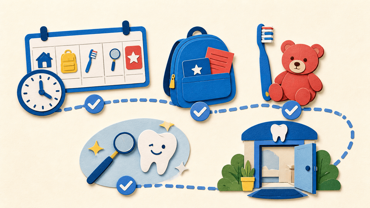 Ruta para preparar la visita dental de un niño con Medicaid, con calendario, objeto de consuelo, cepillo, información preparada y consultorio dental