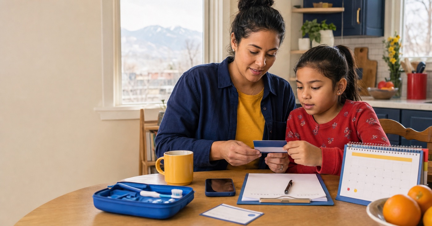 Familia de Colorado preparando en español una cita dental de Medicaid con calendario, preguntas, información del miembro y cepillo de dientes