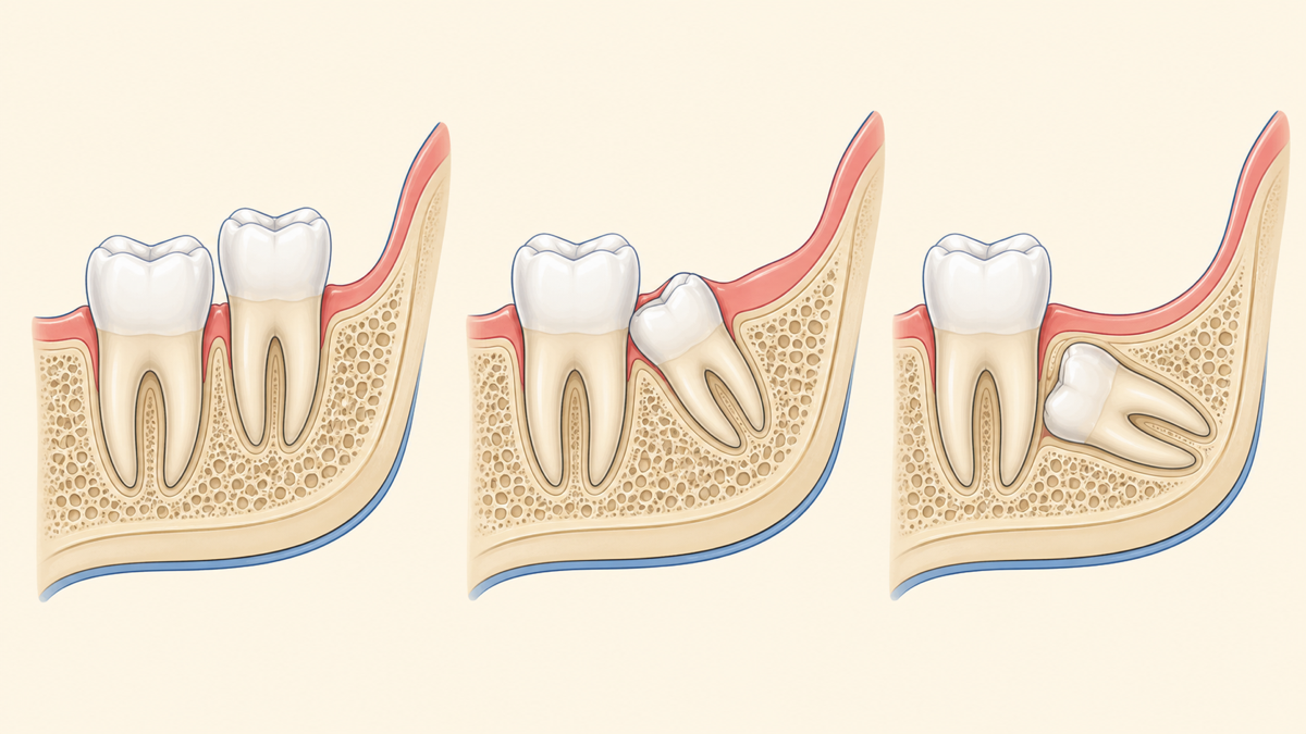 Dental illustration comparing an erupted, partially impacted, and fully impacted wisdom tooth beneath the gums